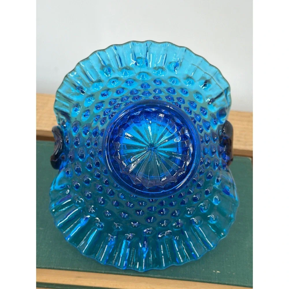 Vintage Blue Fenton Hobnail Glass Basket‎ Ruffled Applied Handle Decorative Dish